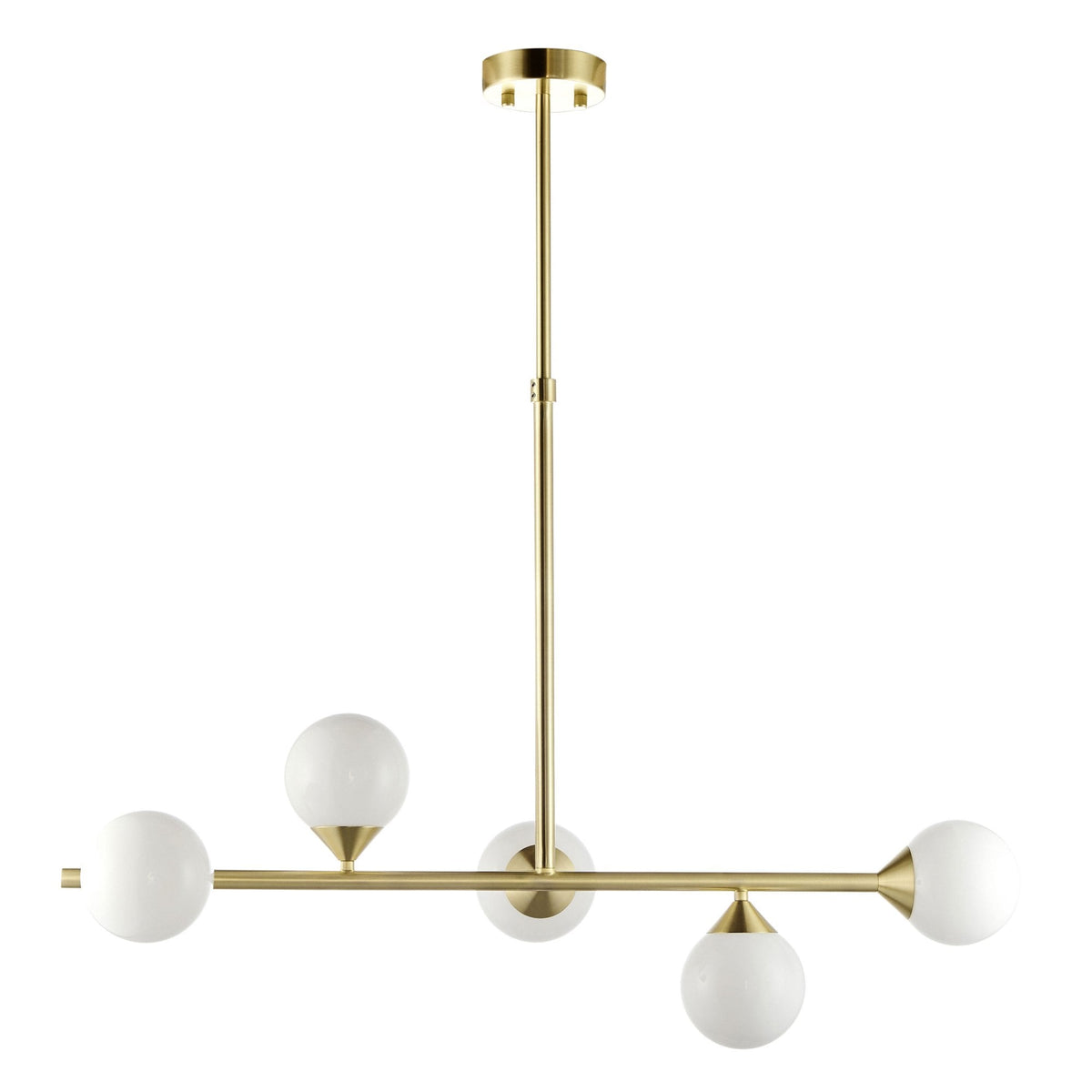A modern brass chandelier with five spherical white glass shades on a white background, ideal for bright rooms.