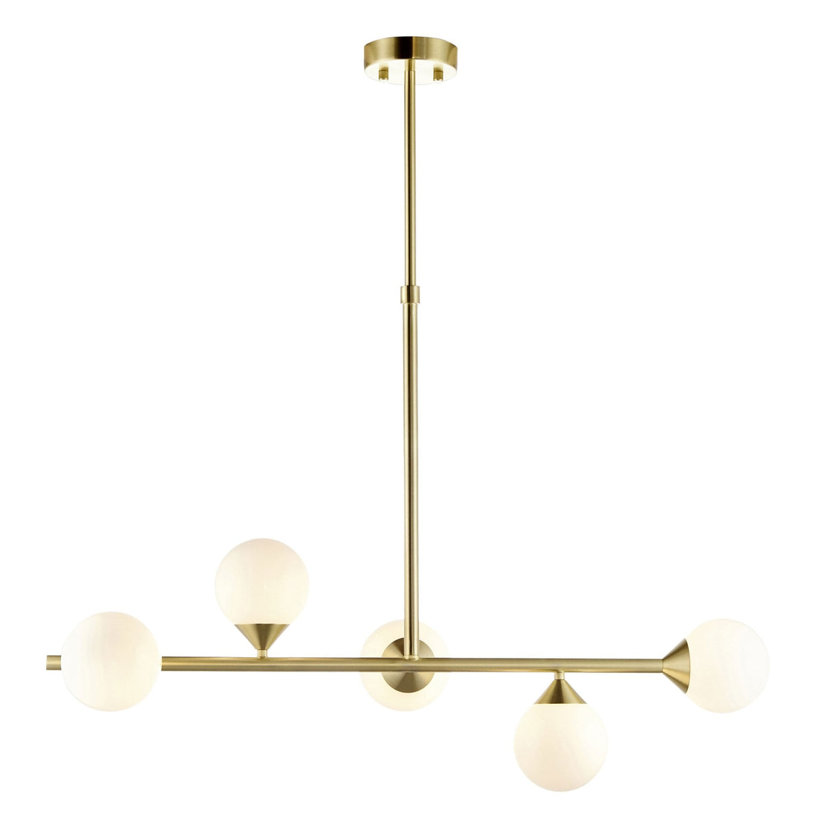 A brass chandelier featuring five globe lights, designed to brighten modern living and dining areas.
