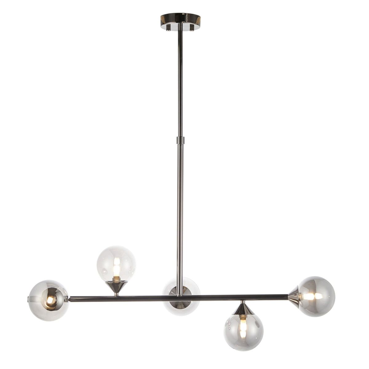 A contemporary chandelier with a black bar and mixed clear and smoky glass globes on a white background.