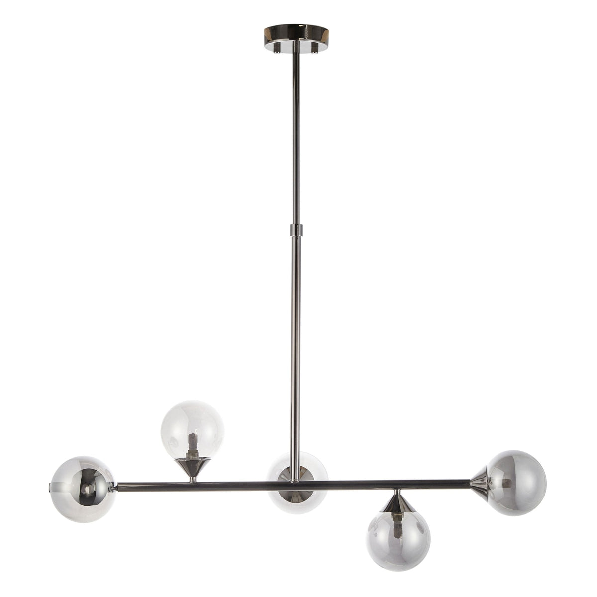 A modern chandelier featuring a black bar and both clear and smoky glass globes, on white.