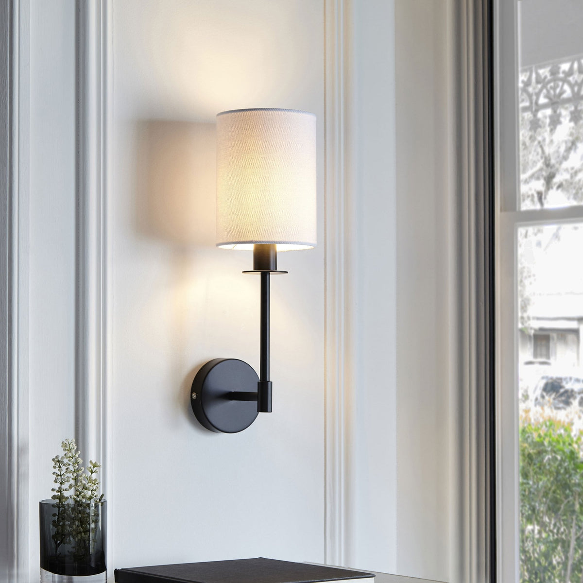 Sancerre Wall Light in Matt Black & Vintage White Shade