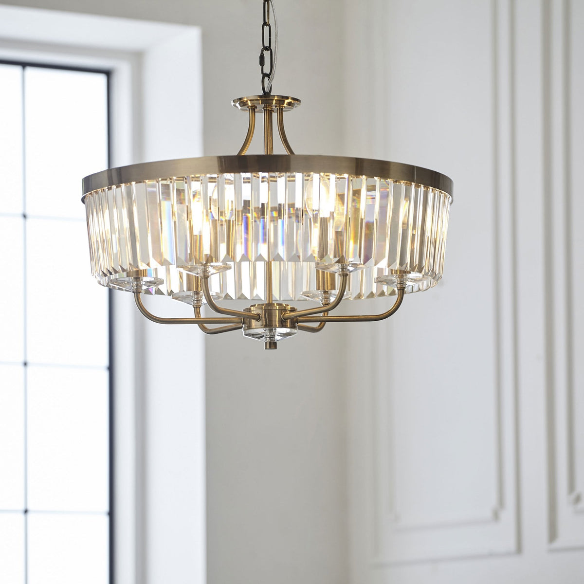 Yetminster 6 Light Pendant in Antique Brass & Clear Cut Glass