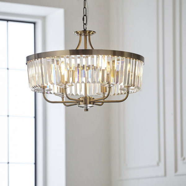 Yetminster 6 Light Pendant in Antique Brass & Clear Cut Glass
