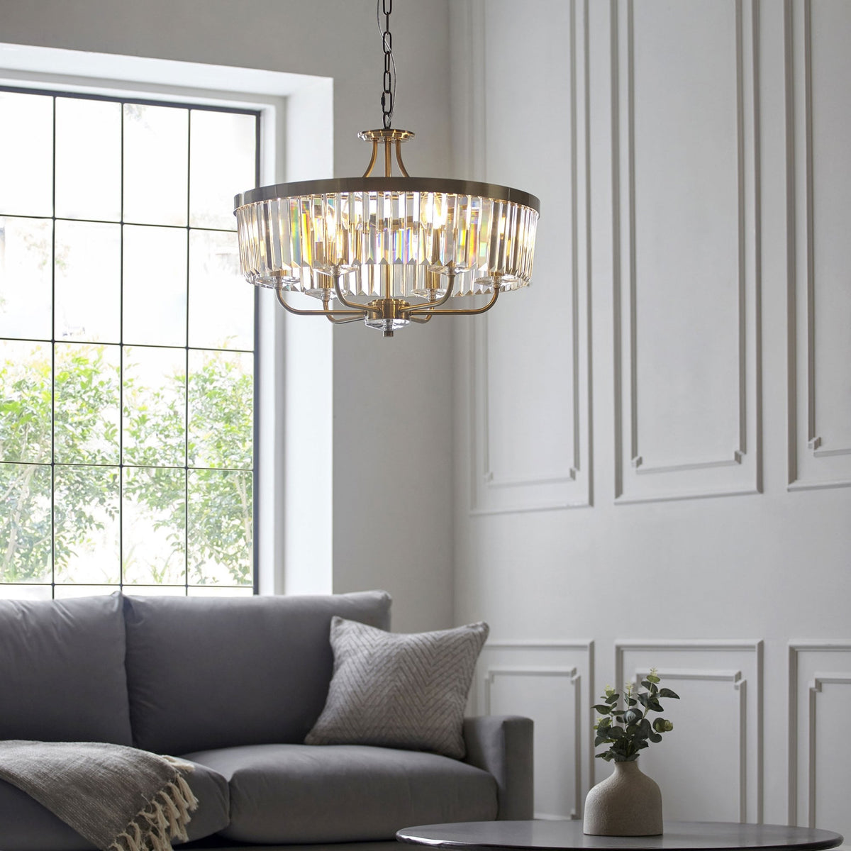 Yetminster 6 Light Pendant in Antique Brass & Clear Cut Glass