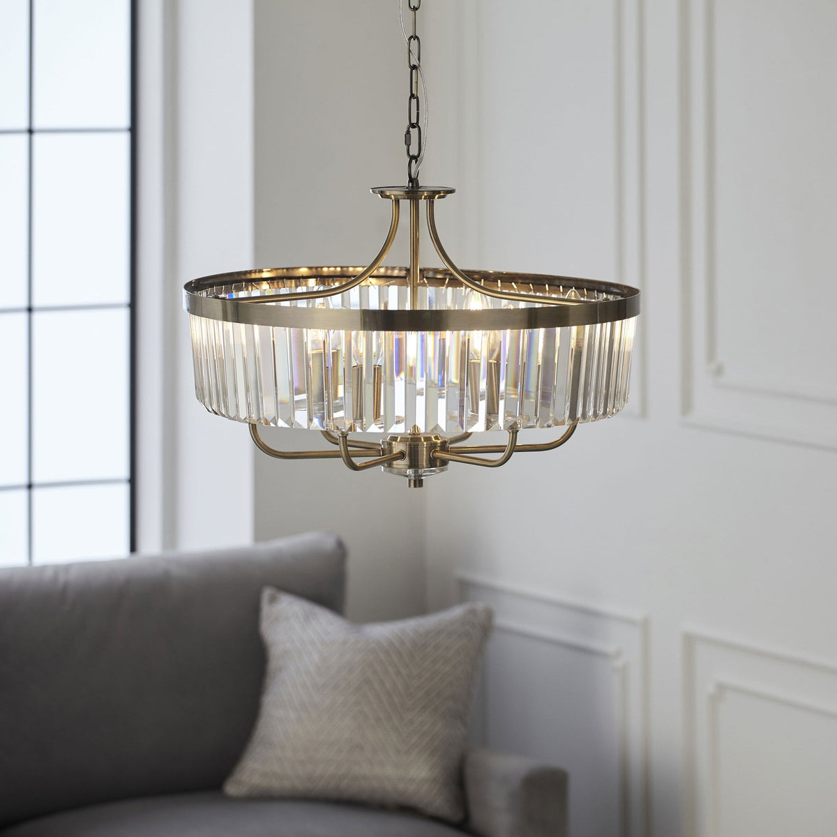Yetminster 6 Light Pendant in Antique Brass & Clear Cut Glass