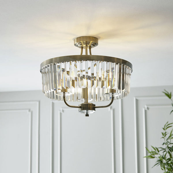 Yetminster 3 Light Semi Flush in Antique Brass & Clear Cut Glass