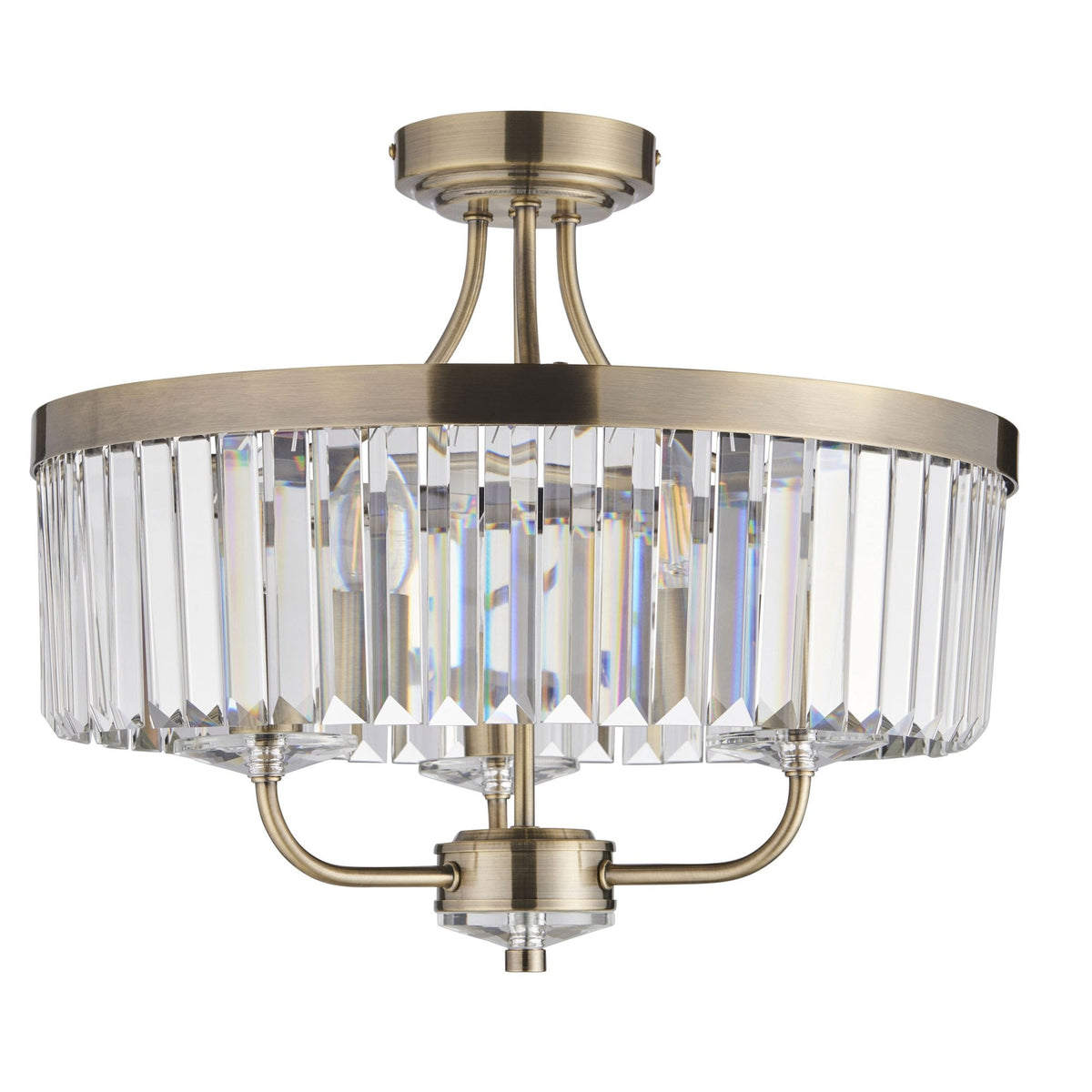 A close-up shot of the stunning Tiffany round semi-flush ceiling light with crystal detailing and brass fixtures.
