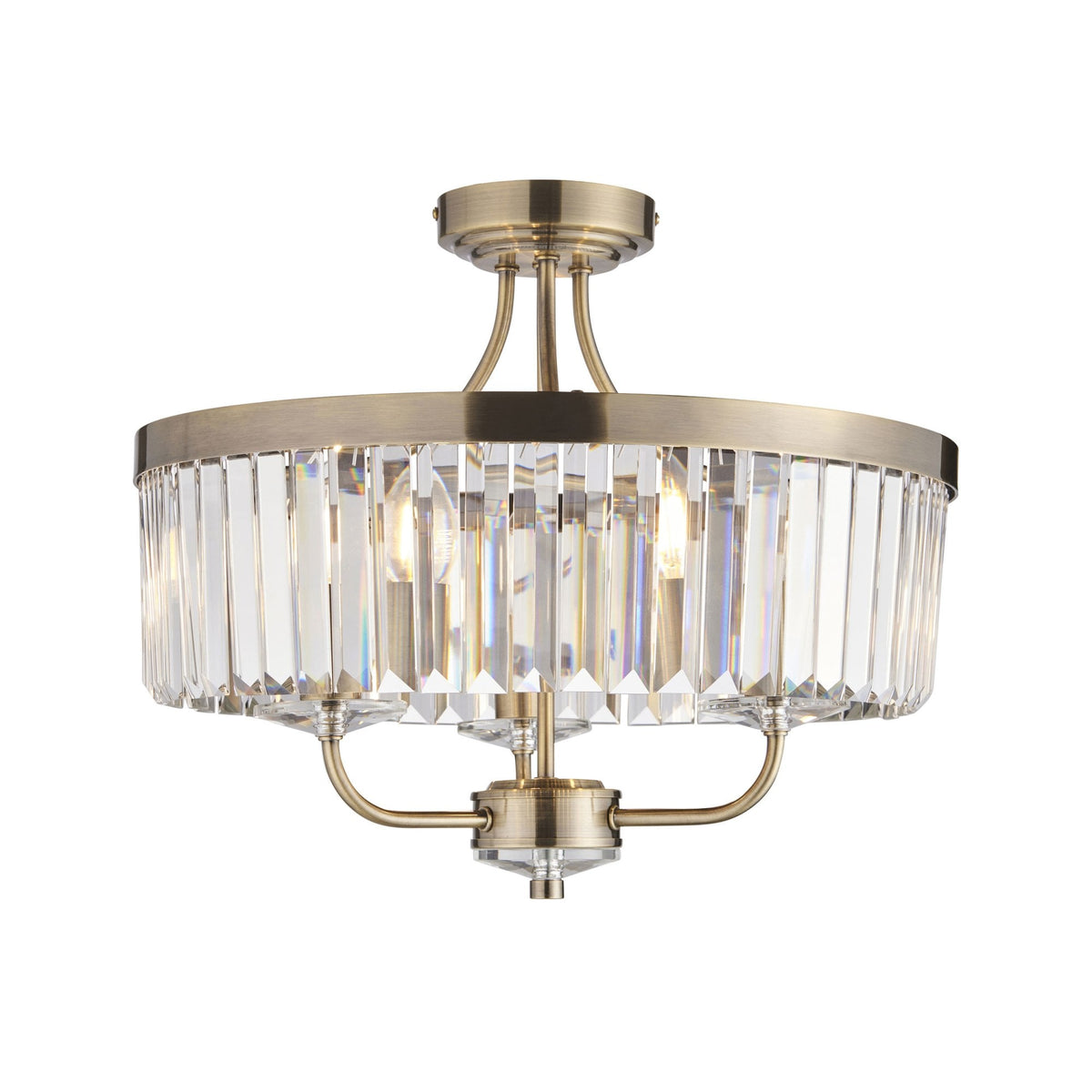 A close-up shot of the stunning Tiffany round semi-flush ceiling light with crystal detailing and brass fixtures.