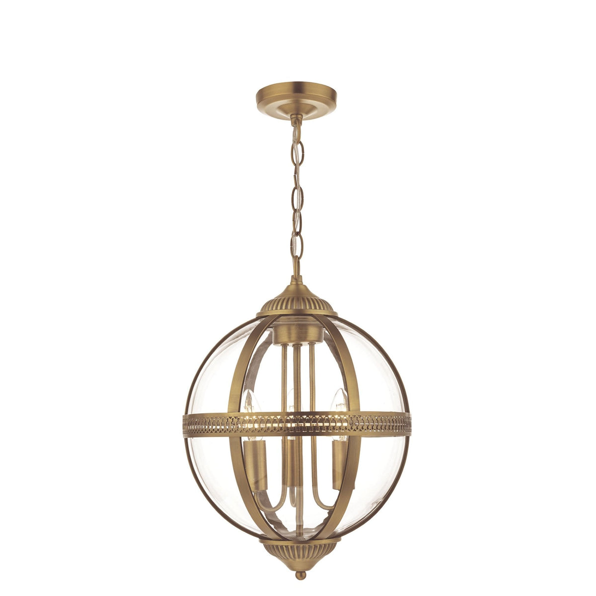 A brass and glass globe chandelier with three exposed bulbs, hanging from a chain.