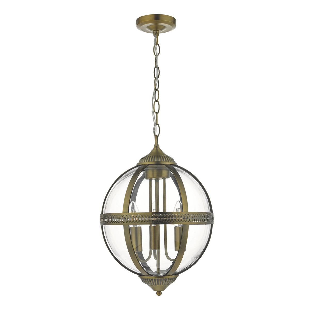 Bronze globe chandelier with clear glass and three exposed bulbs.