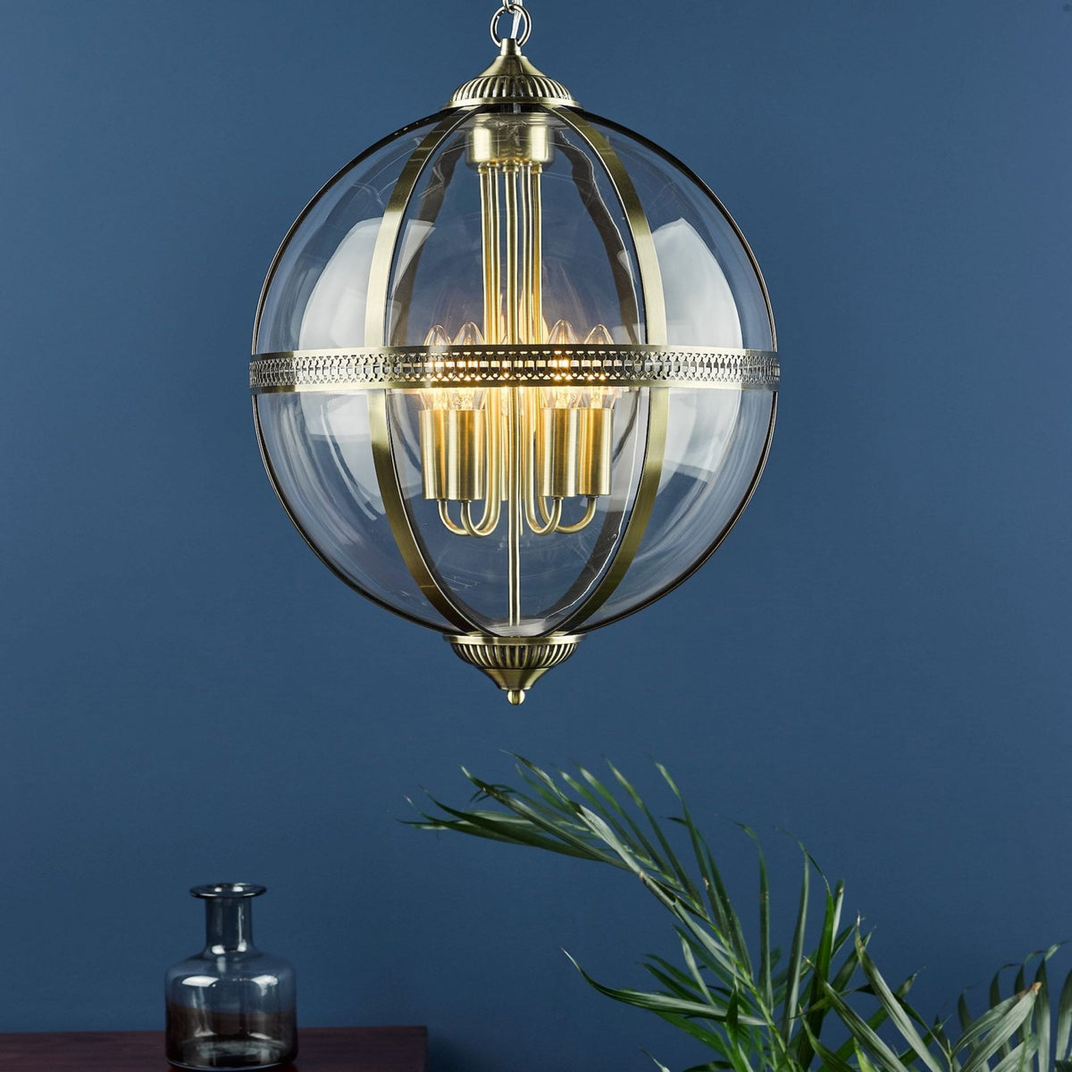 Vanessa 5 Light Pendant In Antique Brass With Clear Glass