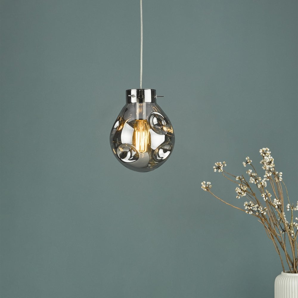 Quinn Single Pendant In Polished Chrome With Smoked Glass Shade