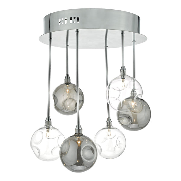 Quinn 6 Light Semi Flush Ceiling Light In Polished Chrome With Smoked & Clear Glass Shades
