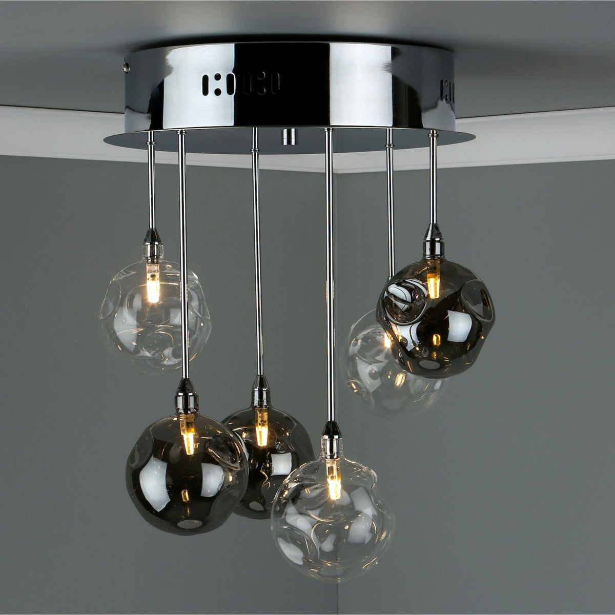 Quinn 6 Light Semi Flush Ceiling Light In Polished Chrome With Smoked & Clear Glass Shades