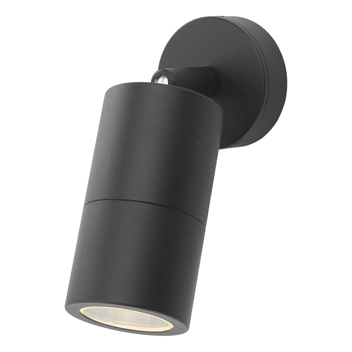 Black cylindrical outdoor wall light with a textured finish, angled downwards, emitting a soft glow.