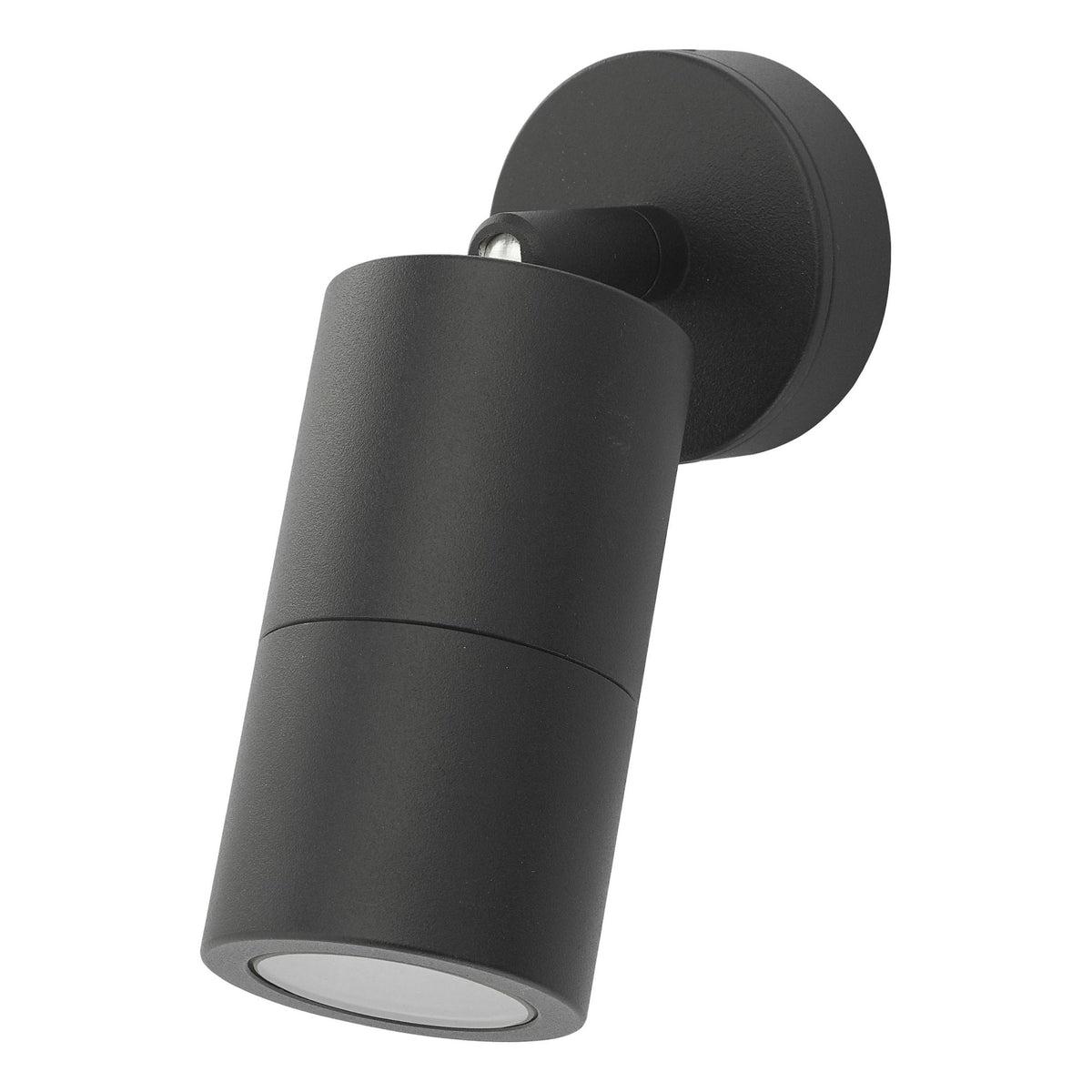 Black cylindrical wall-mounted light fixture with a frosted glass lens, angled downwards.