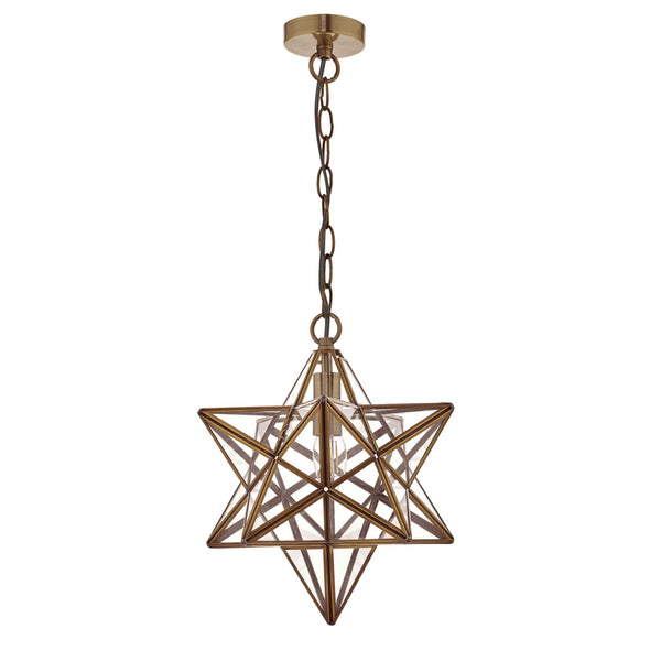 Ilario Large Star Single Pendant In Antique Brass With Glass Panels