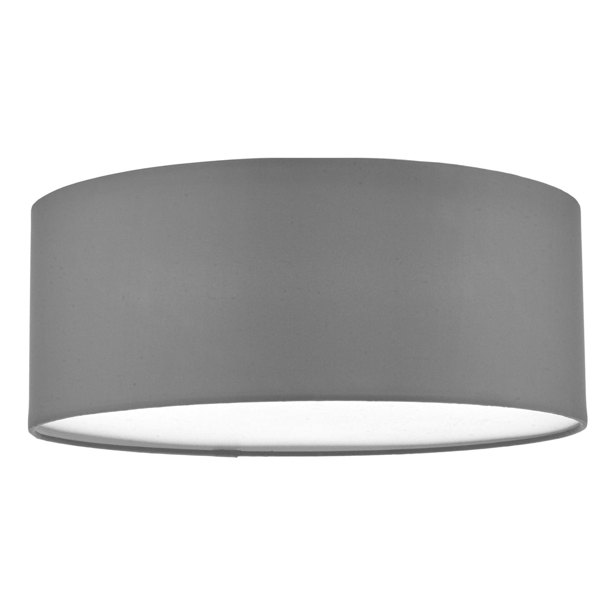 Gray fabric drum lampshade with a white interior, casting a soft glow downwards.