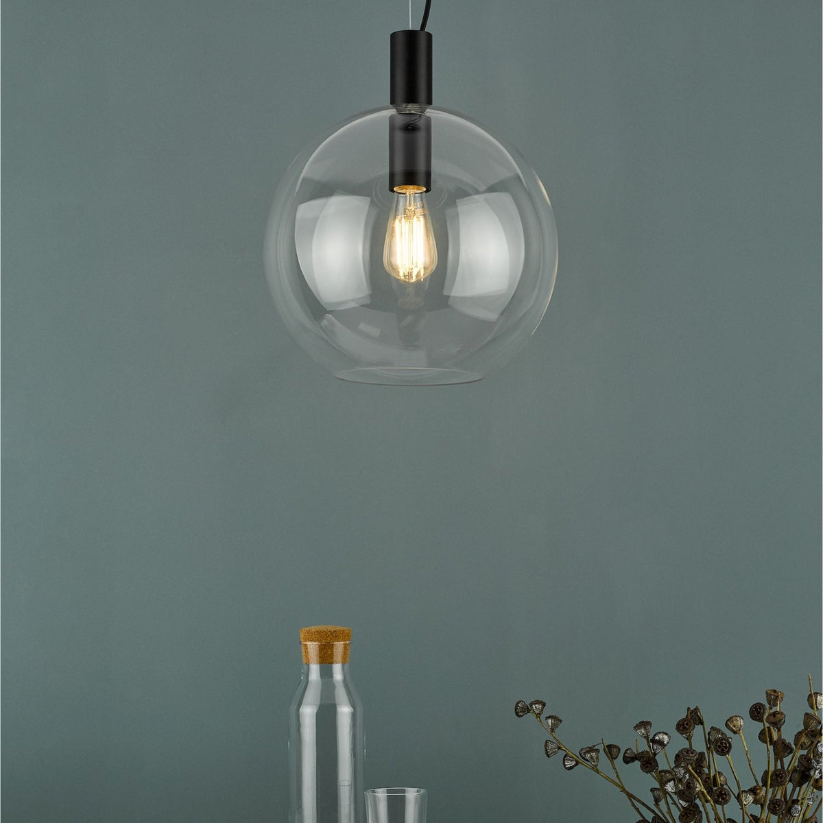 Zula Single Pendant In Black with Glass Shade