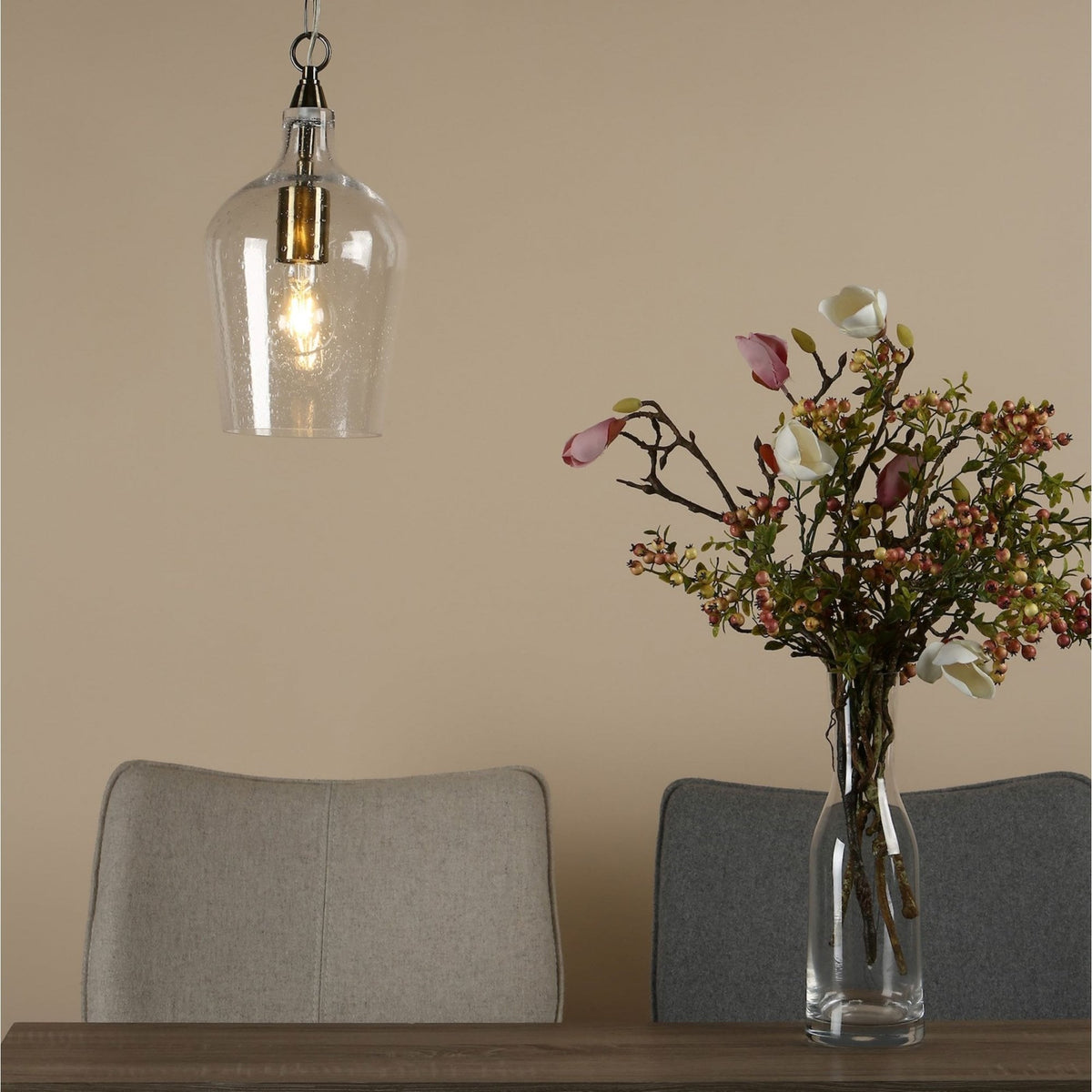 Nida Single Pendant In Antique Brass With Seeded Glass Shade