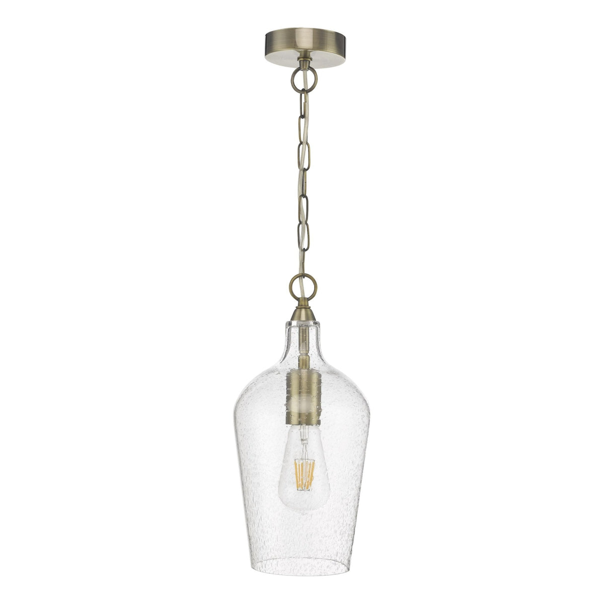 Nida Single Pendant In Antique Brass With Seeded Glass Shade