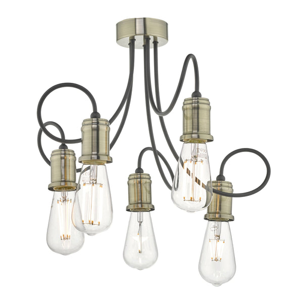 Alzbet 5 Light Semi Flush Ceiling In Antique Brass Light With Black Detail
