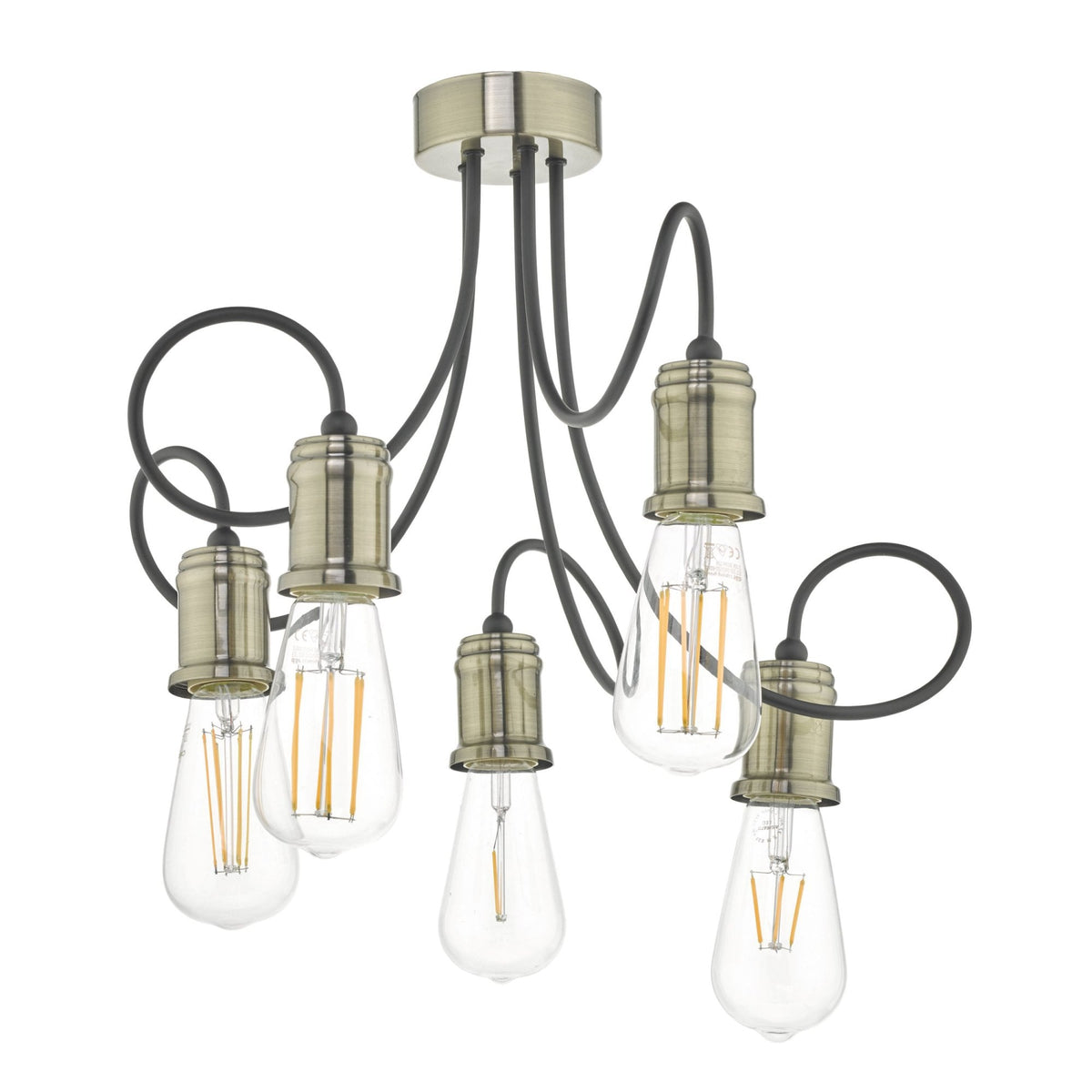 Alzbet 5 Light Semi Flush Ceiling In Antique Brass Light With Black Detail