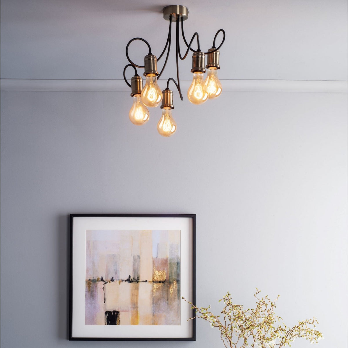 Alzbet 5 Light Semi Flush Ceiling In Antique Brass Light With Black Detail