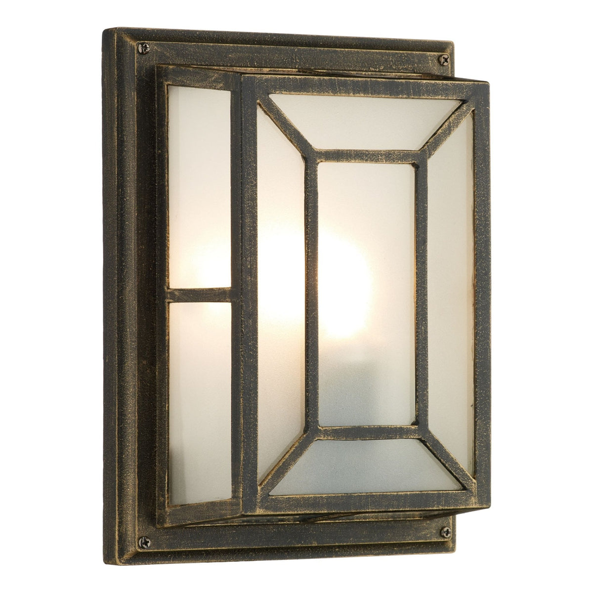 A rectangular outdoor wall light with a dark bronze finish and frosted glass panels.