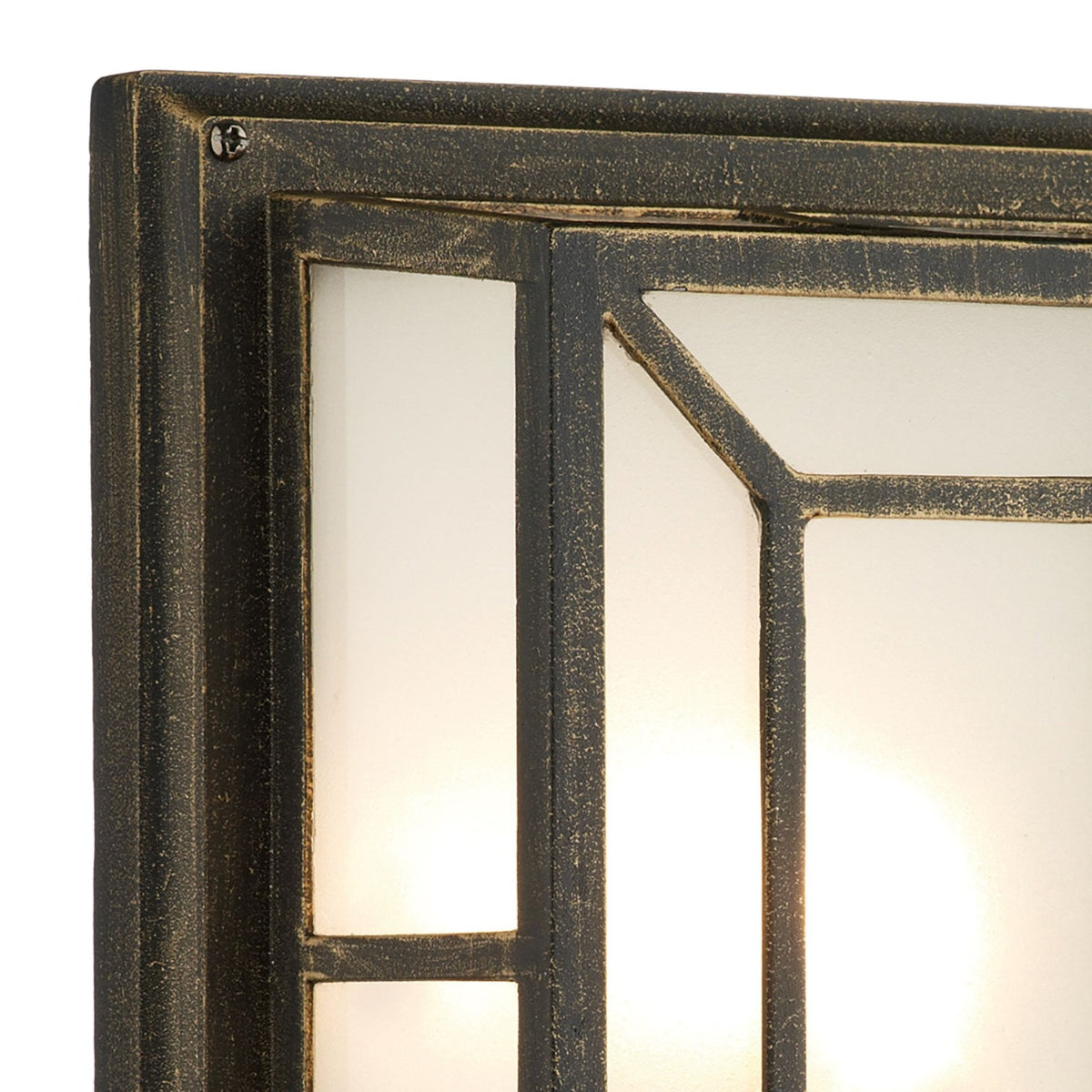 Close-up of a dark bronze outdoor wall light with frosted glass panels and a decorative grid.