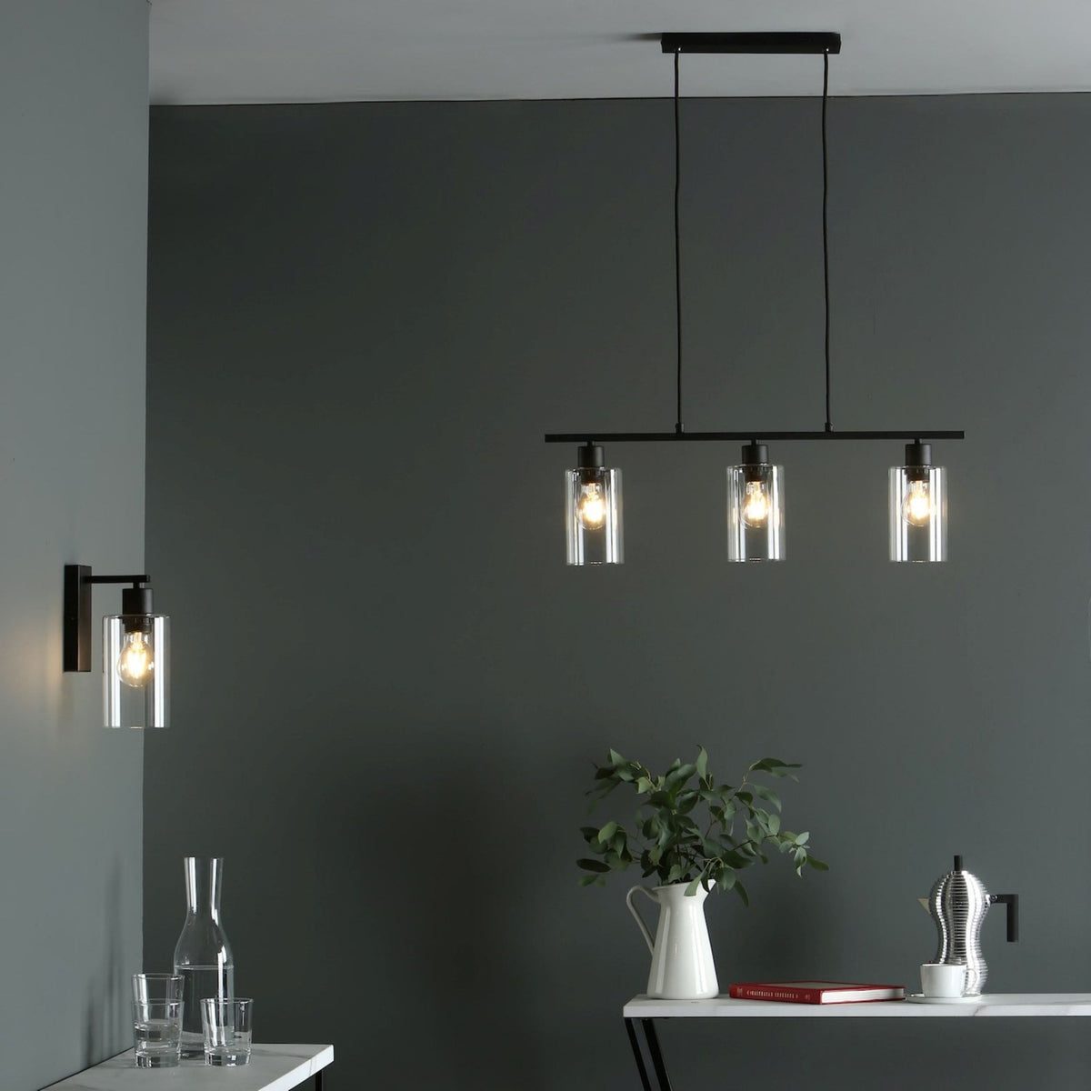 Miu 3 Light Linear Pendant In Matt Black With Glass Shade