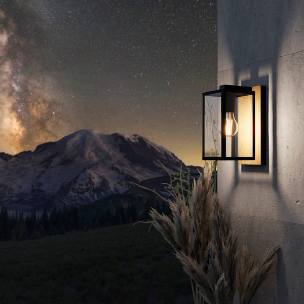 Budrone IP44 Dual Mount Wall Light in Black with Wood Effect Backplate