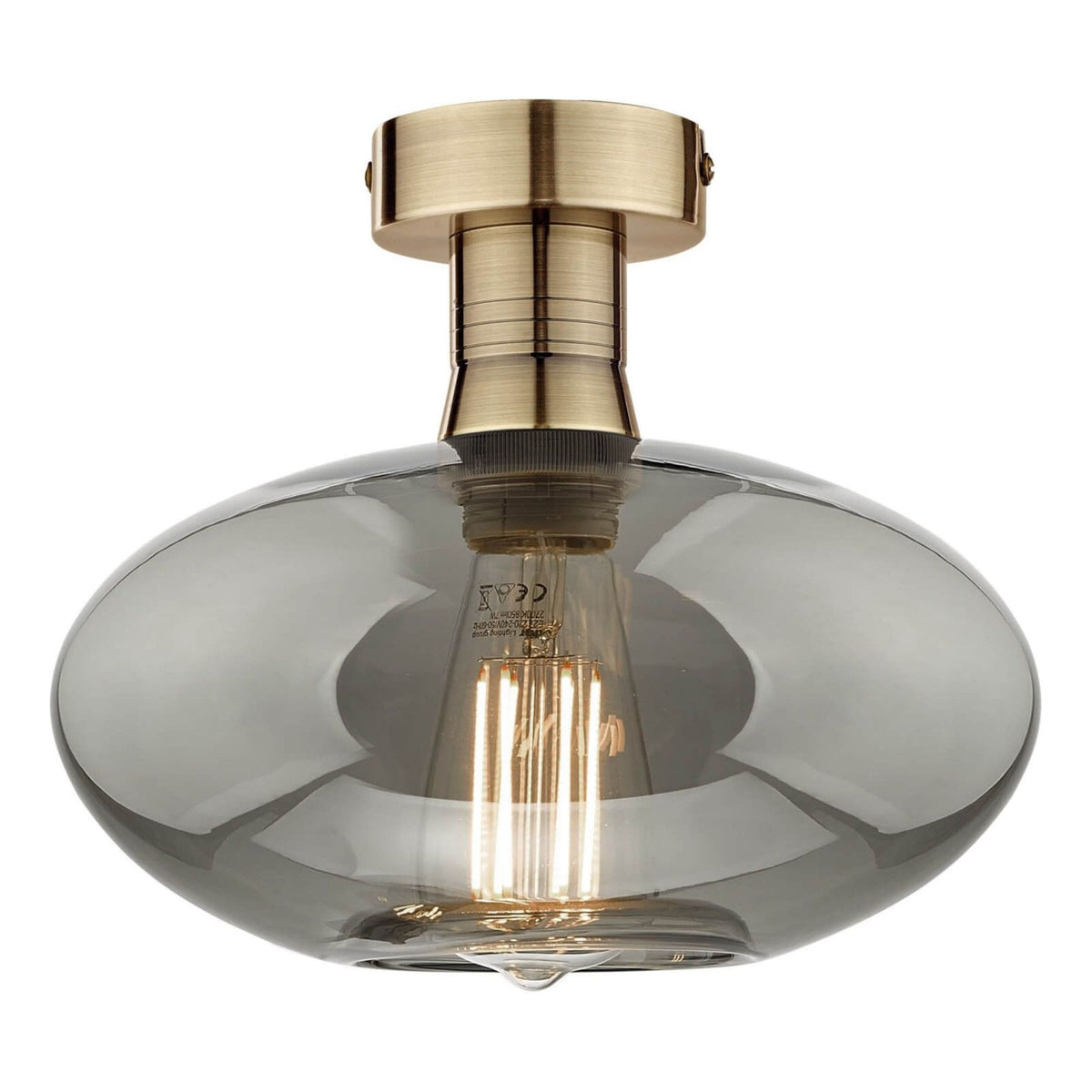 Emerson Semi Flush Ceiling Light In Antique Brass With Smoked Glass Shade
