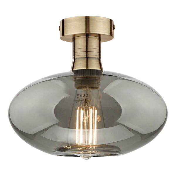Emerson Semi Flush Ceiling Light In Antique Brass With Smoked Glass Shade