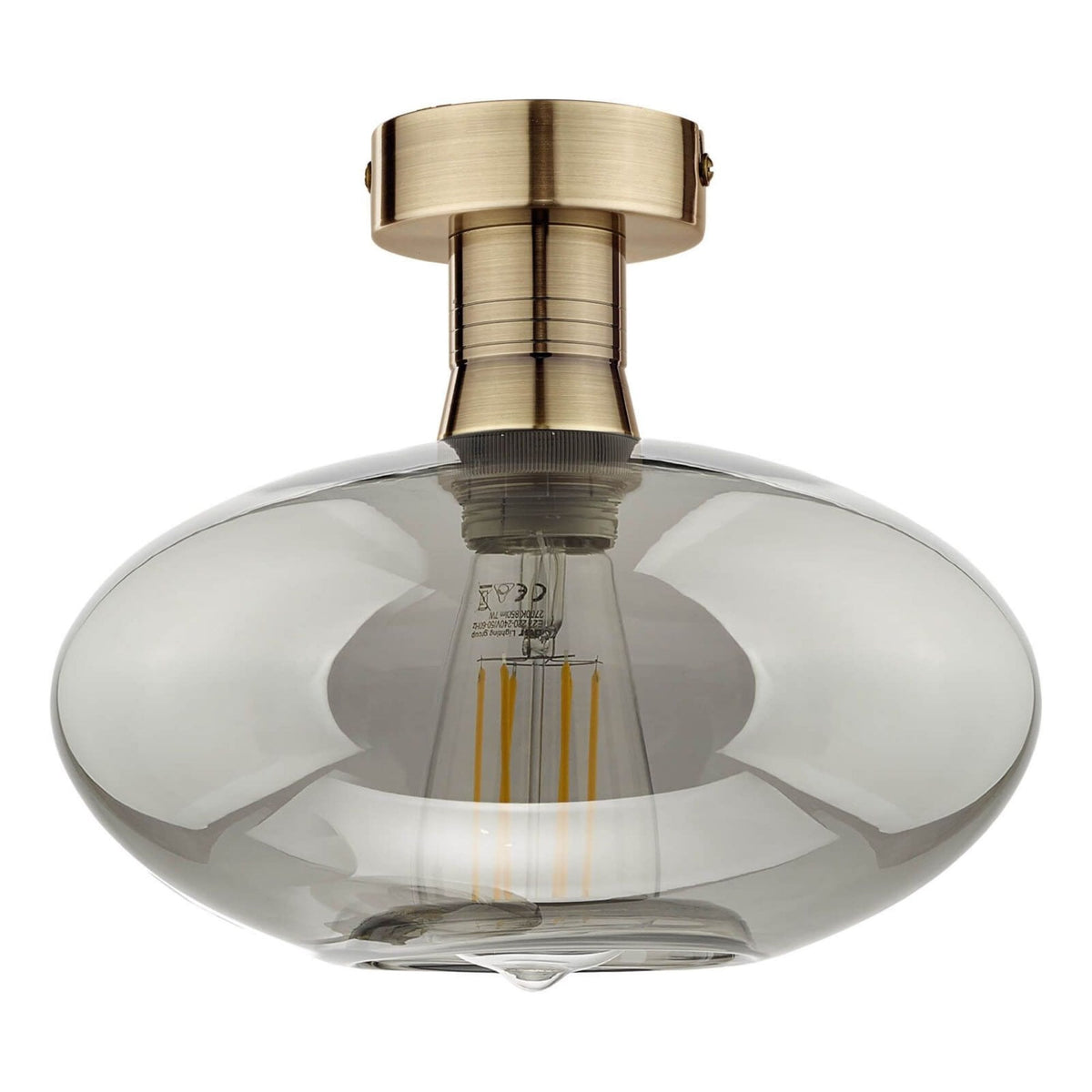 Emerson Semi Flush Ceiling Light In Antique Brass With Smoked Glass Shade