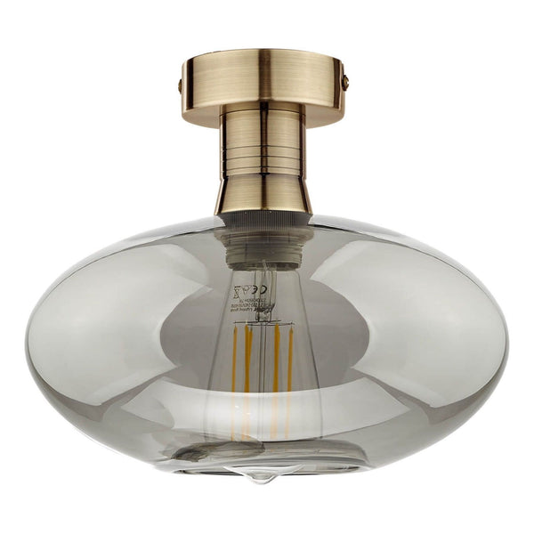 Emerson Semi Flush Ceiling Light In Antique Brass With Smoked Glass Shade