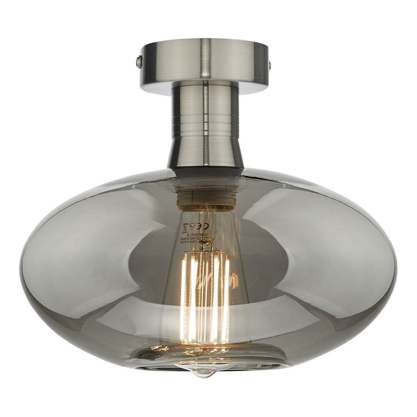 Emerson Semi Flush Ceiling Light In Antique Chrome With Smoked Glass Shade