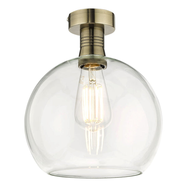 Emerson Semi Flush Ceiling Light In Antique Brass With Clear Round Glass Shade