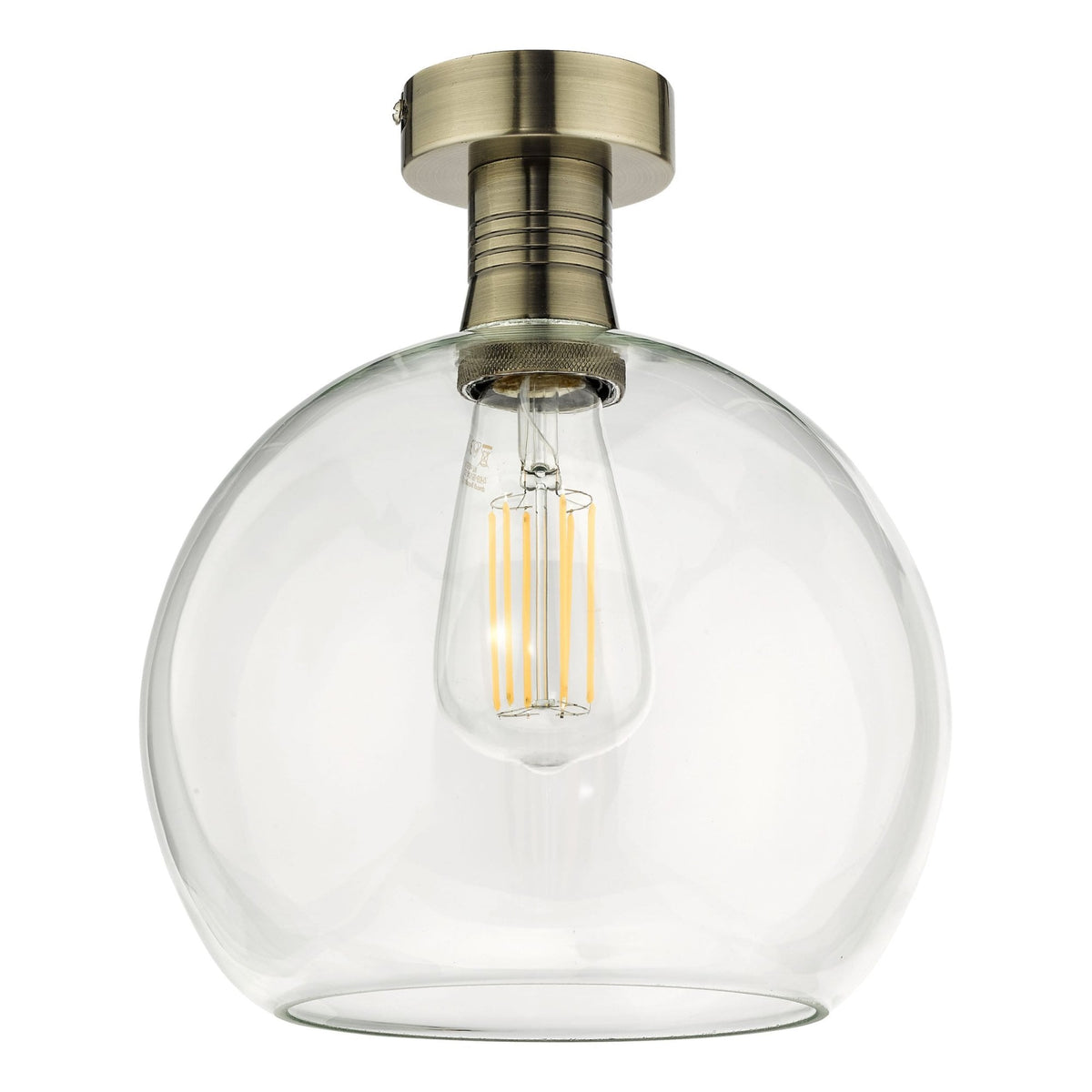 A clear glass dome ceiling light with an antique brass base and an exposed filament bulb.