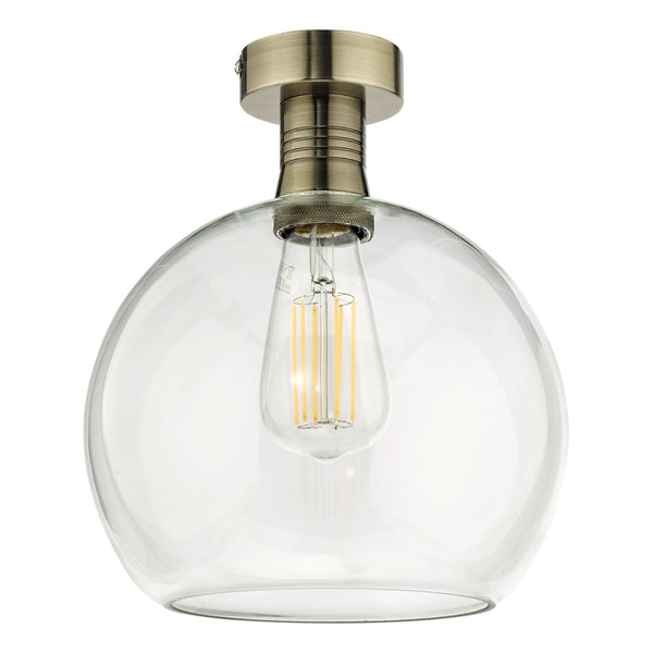 Emerson Semi Flush Ceiling Light In Antique Brass With Clear Round Glass Shade