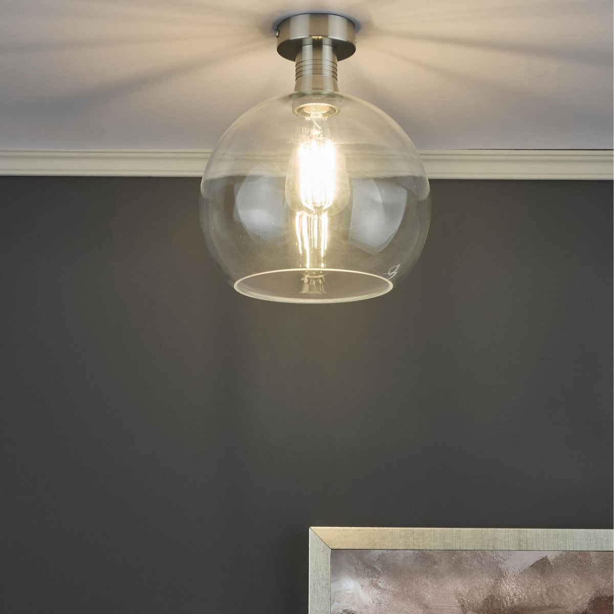 Emerson Semi Flush Ceiling Light In Antique Chrome With Clear Round Glass Shade