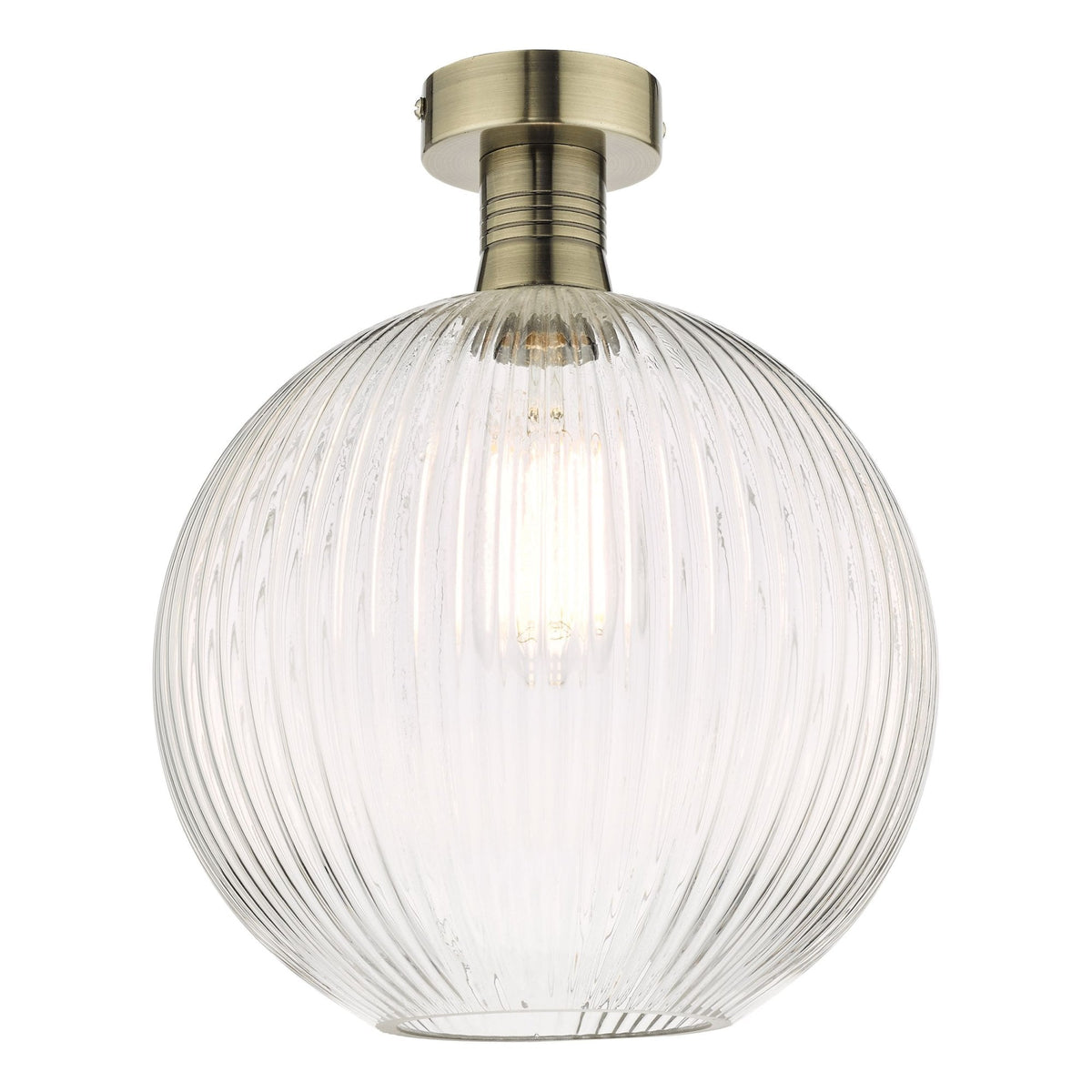 Round ceiling light with ribbed glass shade and antique brass base.