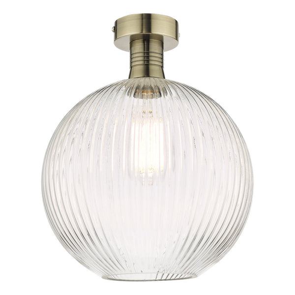 Emerson Semi Flush Ceiling Light In Antique Brass With Clear Ribbed Glass Shade