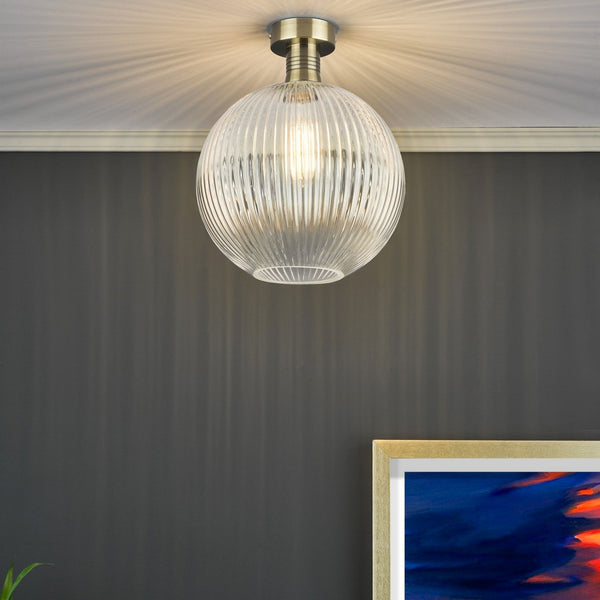 Emerson Semi Flush Ceiling Light In Antique Brass With Clear Ribbed Glass Shade