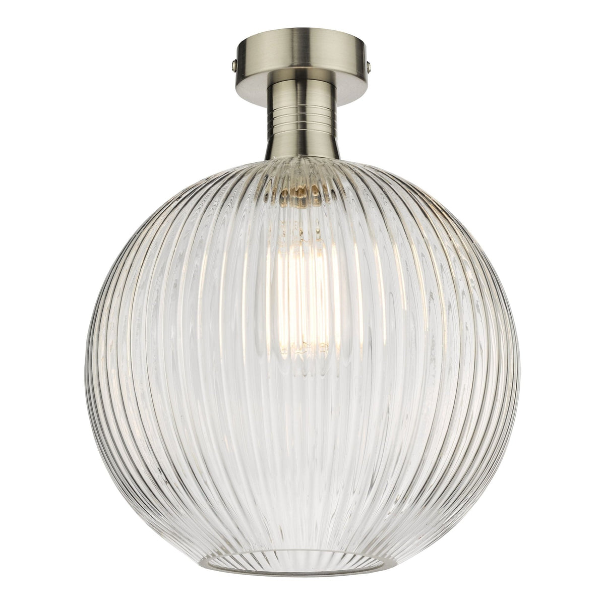 Round, ribbed glass ceiling light with a brushed nickel base and an illuminated bulb inside.