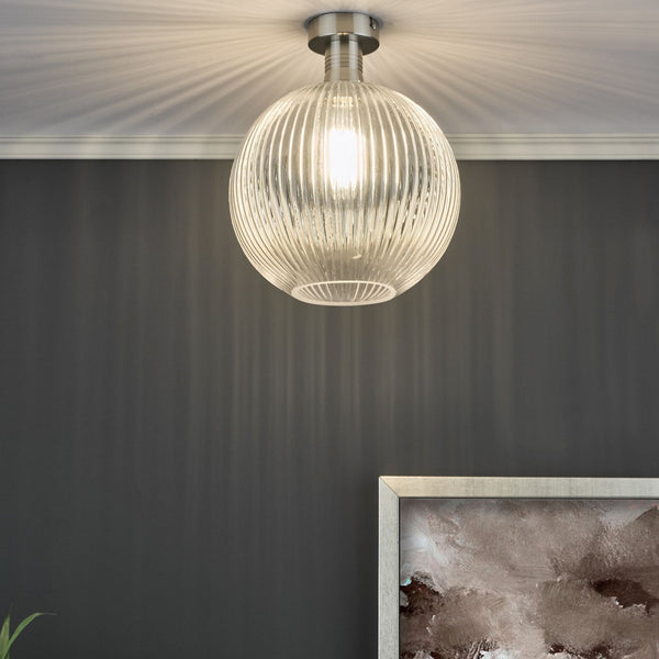 Emerson Semi Flush Ceiling Light In Antique Chrome With Clear Ribbed Glass Shade