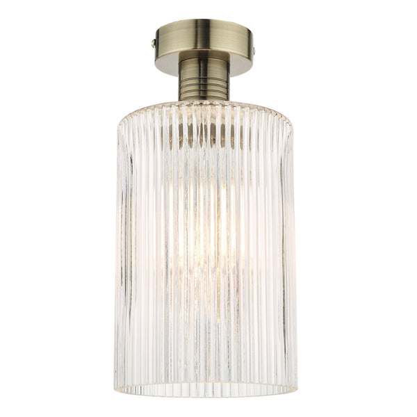 Emerson Semi Flush Ceiling Light In Antique Brass With Ribbed Glass Cylinder Shade