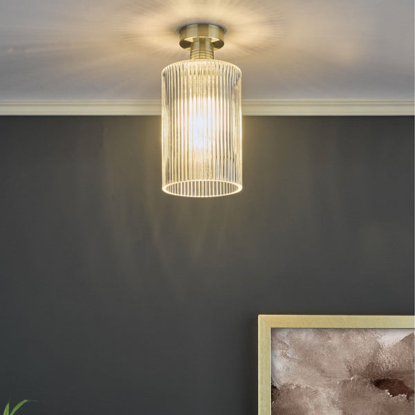 Emerson Semi Flush Ceiling Light In Antique Brass With Ribbed Glass Cylinder Shade