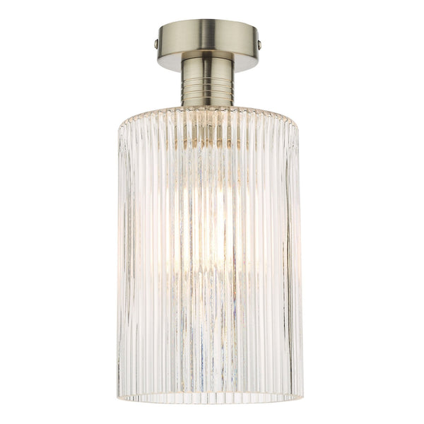 Emerson Semi Flush Ceiling Light In Antique Chrome With Ribbed Glass Cylinder Shade