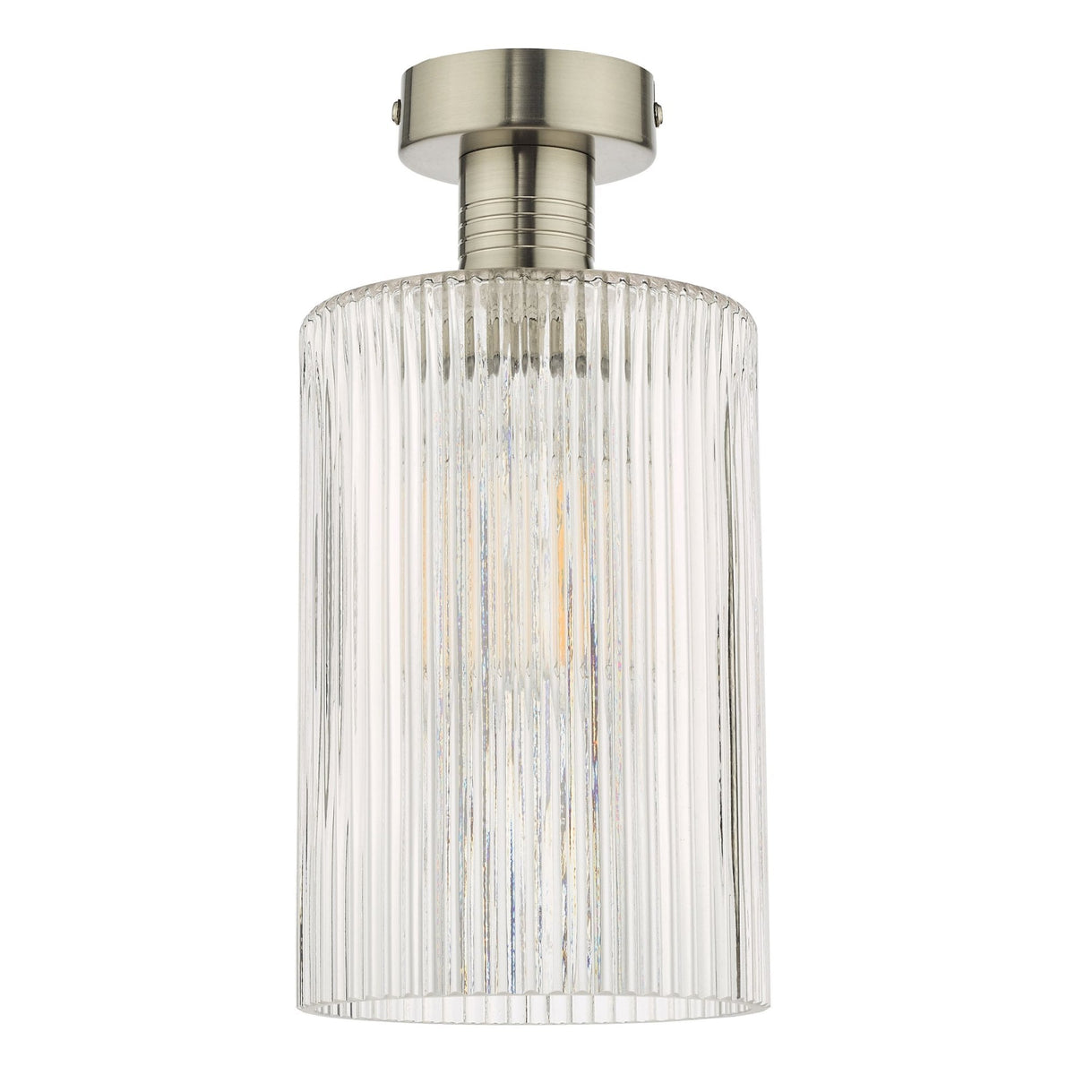 Brushed nickel semi-flush mount light with a cylindrical, ribbed clear glass shade.